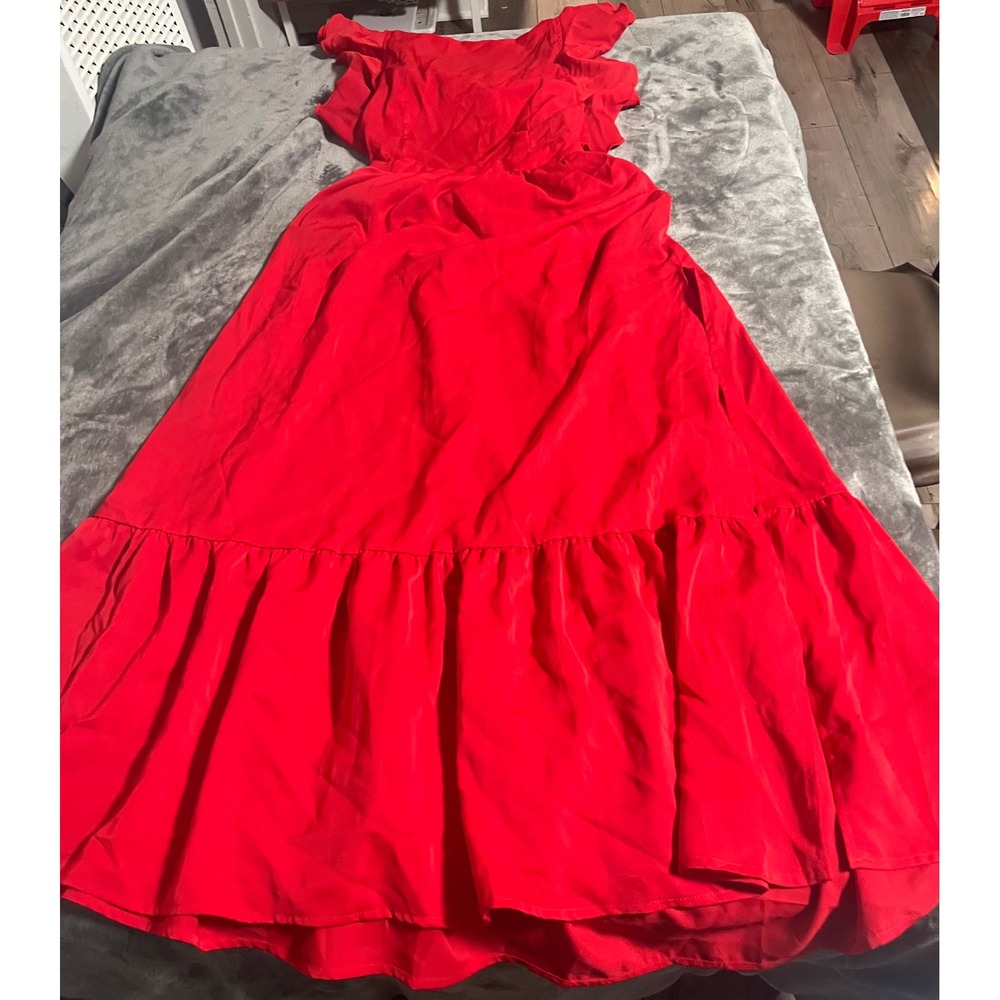 SHEIN Red Ruffle Off Shoulder Maxi Dress Back Bow Cutout Slit Medium